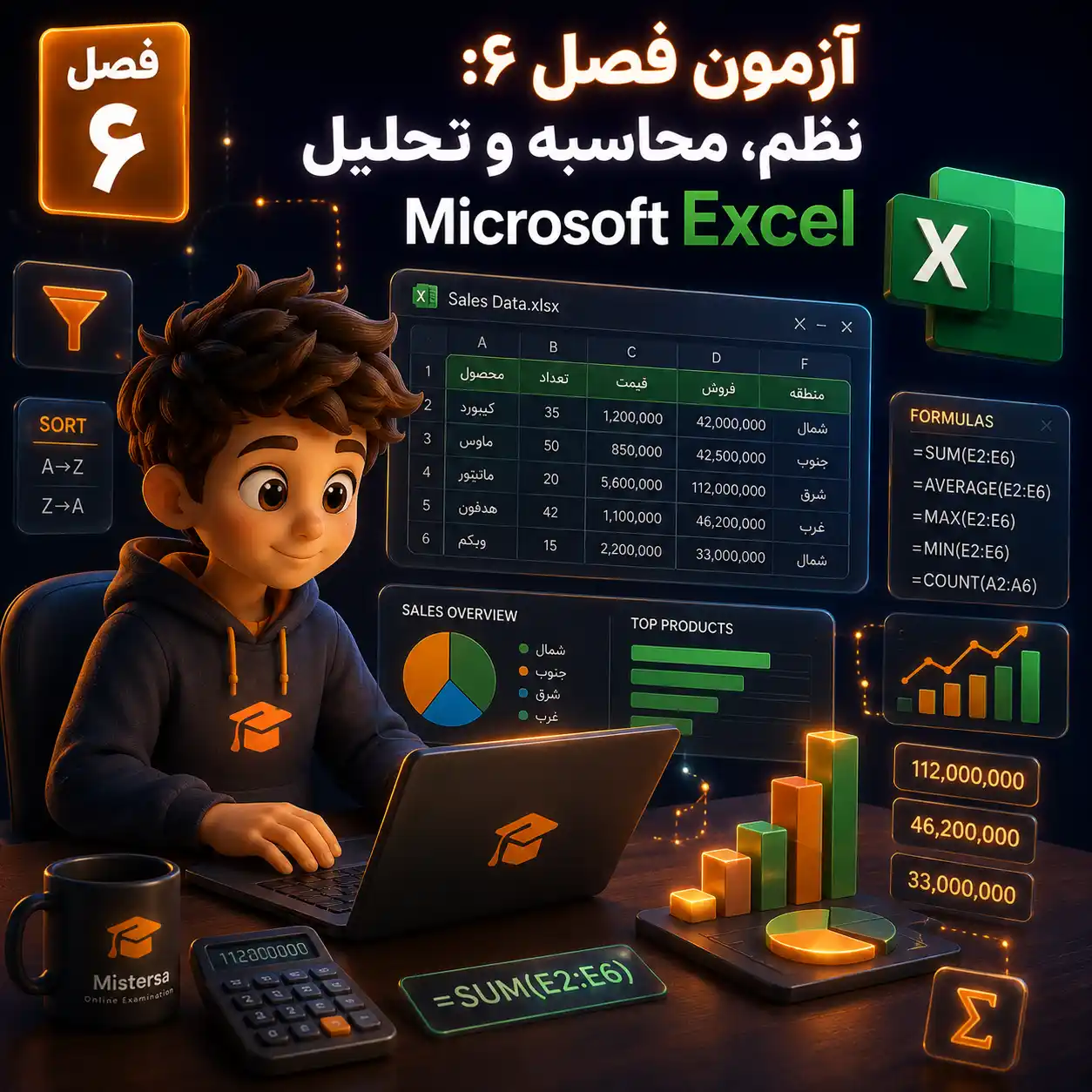 آزمون فصل ۶: نظم، محاسبه و تحلیل داده با Microsoft Excel