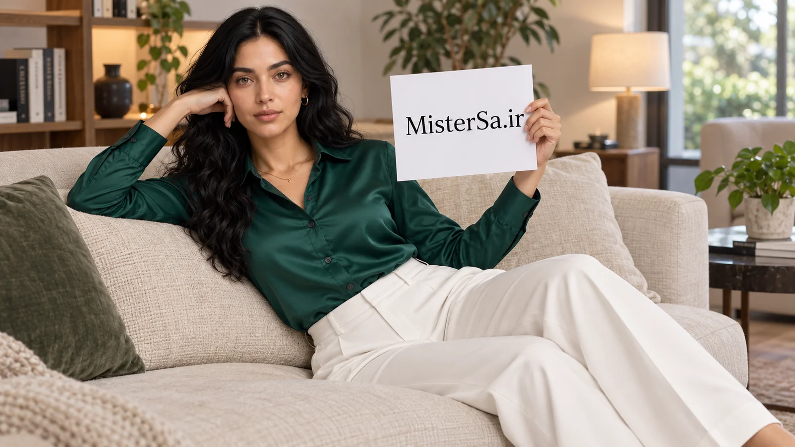 نمونه تصویر ساخته‌شده با کاراکترشیت؛ شخصیت روی مبل با تابلوی MisterSa.ir